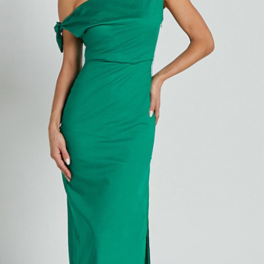 Cincinnati Midi Dress - Off The Shoulder Side Split Column Linen Dress in Green